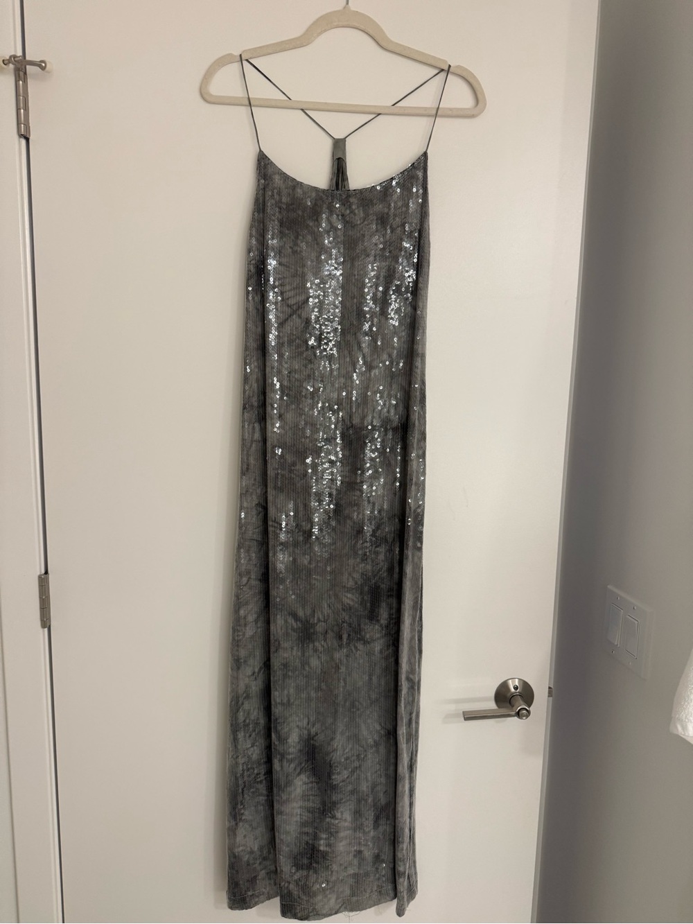 Sequin-Embellished Gray Slip Maxi Dress